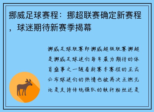 挪威足球赛程：挪超联赛确定新赛程，球迷期待新赛季揭幕